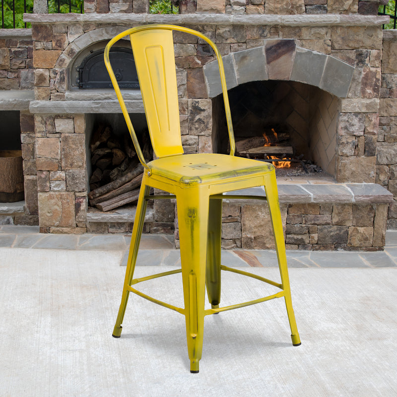 Commercial Grade 24" High Distressed Yellow Metal Indoor-Outdoor Counter Height Stool with Back