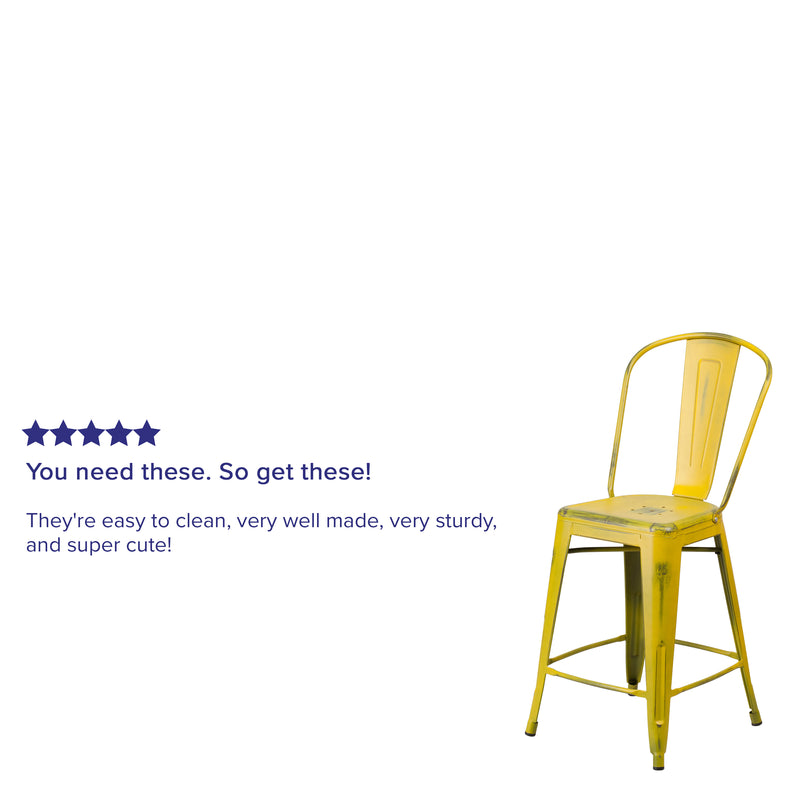 Commercial Grade 24" High Distressed Yellow Metal Indoor-Outdoor Counter Height Stool with Back