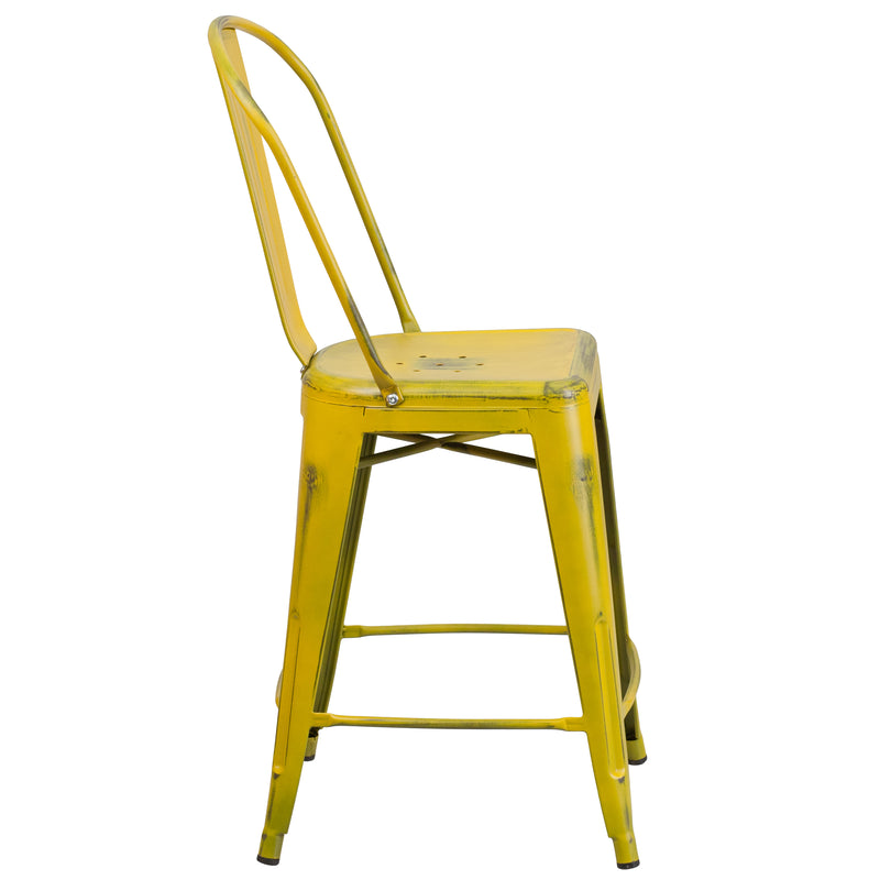 Commercial Grade 24" High Distressed Yellow Metal Indoor-Outdoor Counter Height Stool with Back