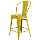 Commercial Grade 24" High Distressed Yellow Metal Indoor-Outdoor Counter Height Stool with Back