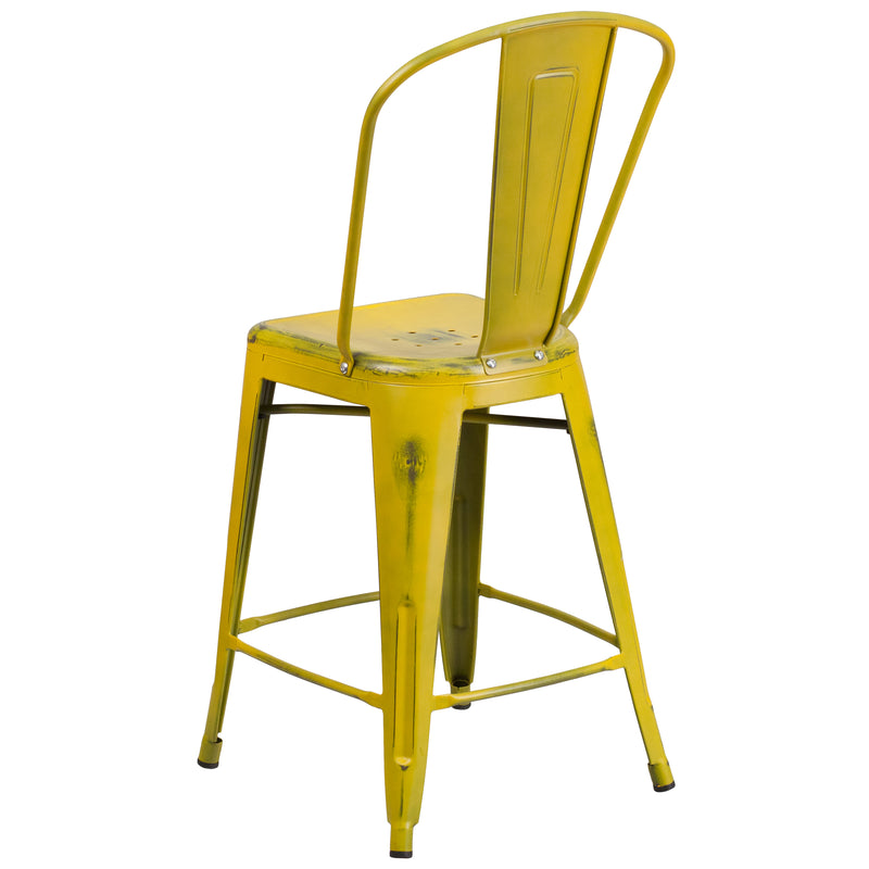 Commercial Grade 24" High Distressed Yellow Metal Indoor-Outdoor Counter Height Stool with Back