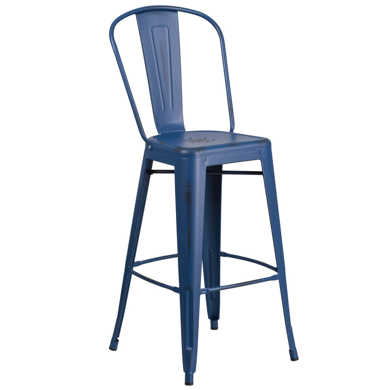 Commercial Grade 30" High Distressed Antique Blue Metal Indoor-Outdoor Barstool with Back