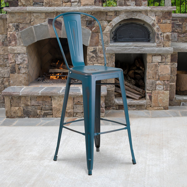 Commercial Grade 30" High Distressed Antique Blue Metal Indoor-Outdoor Barstool with Back