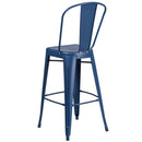 Commercial Grade 30" High Distressed Antique Blue Metal Indoor-Outdoor Barstool with Back