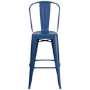 Commercial Grade 30" High Distressed Antique Blue Metal Indoor-Outdoor Barstool with Back