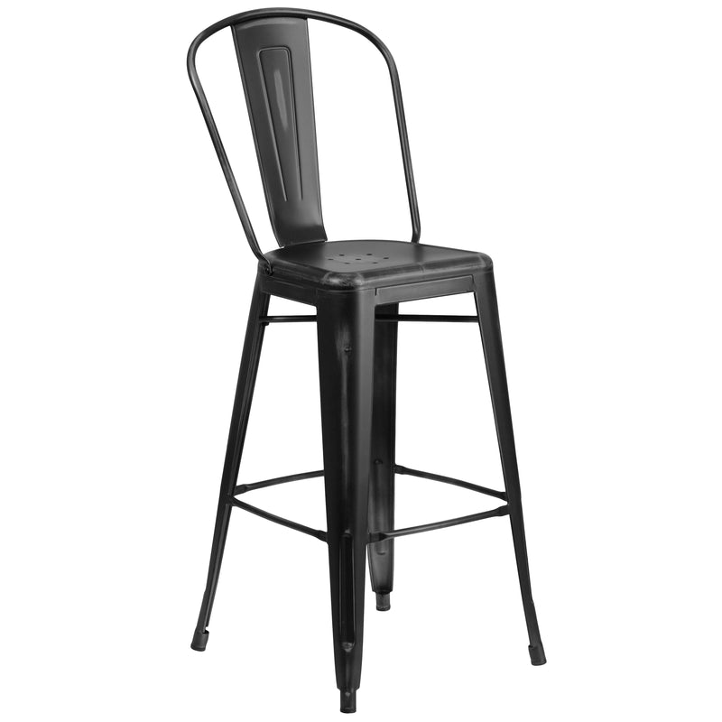 Commercial Grade 30" High Distressed Black Metal Indoor-Outdoor Barstool with Back