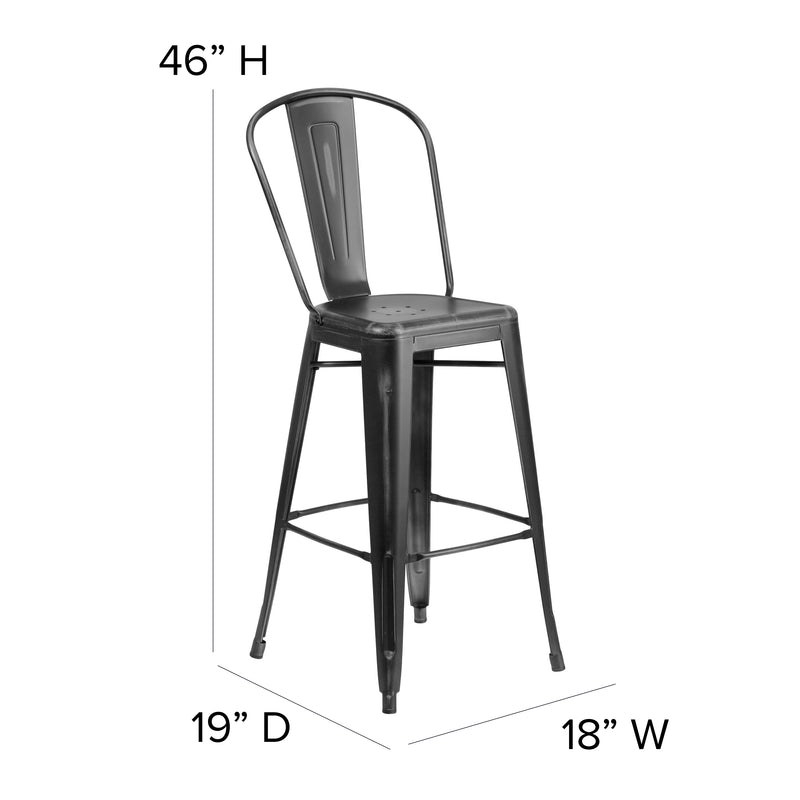 Commercial Grade 30" High Distressed Black Metal Indoor-Outdoor Barstool with Back