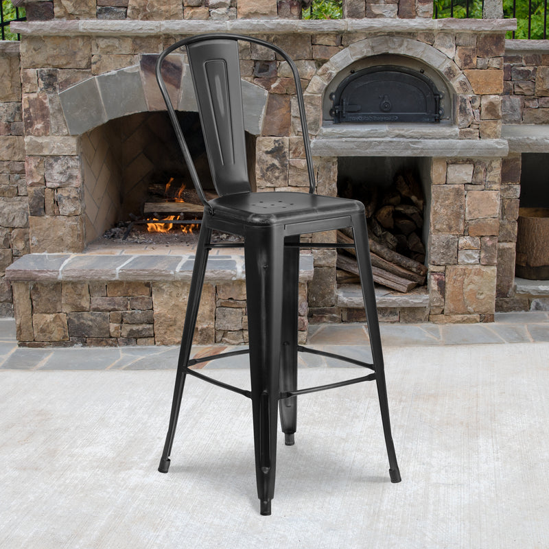 Commercial Grade 30" High Distressed Black Metal Indoor-Outdoor Barstool with Back