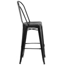 Commercial Grade 30" High Distressed Black Metal Indoor-Outdoor Barstool with Back