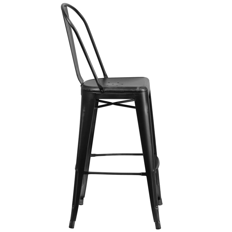 Commercial Grade 30" High Distressed Black Metal Indoor-Outdoor Barstool with Back