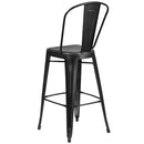 Commercial Grade 30" High Distressed Black Metal Indoor-Outdoor Barstool with Back