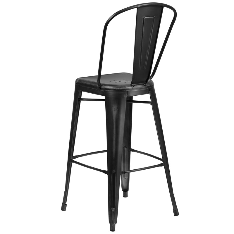 Commercial Grade 30" High Distressed Black Metal Indoor-Outdoor Barstool with Back