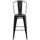 Commercial Grade 30" High Distressed Black Metal Indoor-Outdoor Barstool with Back