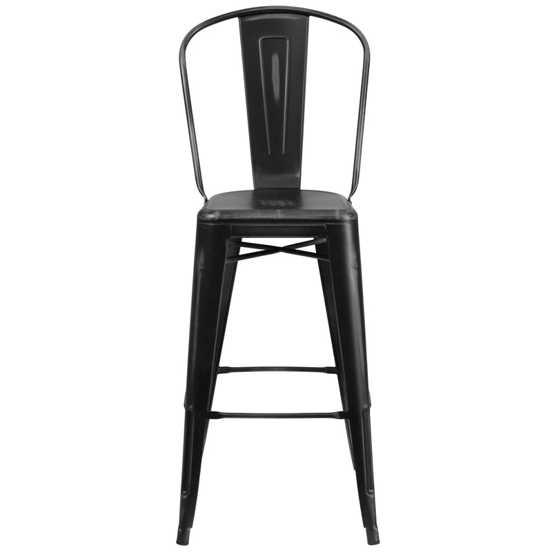 Commercial Grade 30" High Distressed Black Metal Indoor-Outdoor Barstool with Back