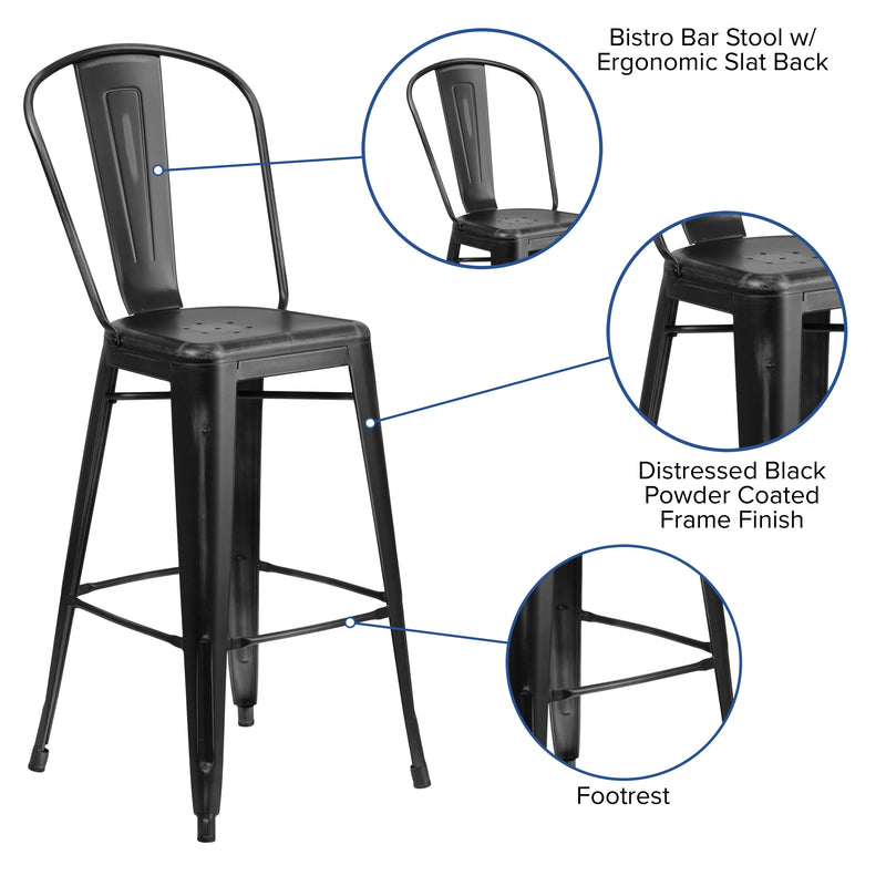 Commercial Grade 30" High Distressed Black Metal Indoor-Outdoor Barstool with Back