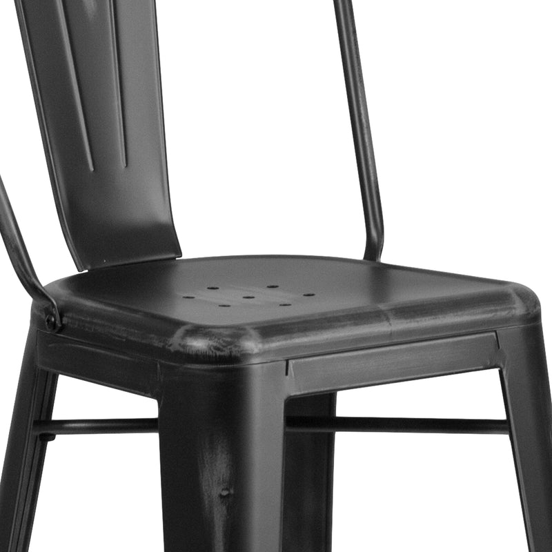 Commercial Grade 30" High Distressed Black Metal Indoor-Outdoor Barstool with Back