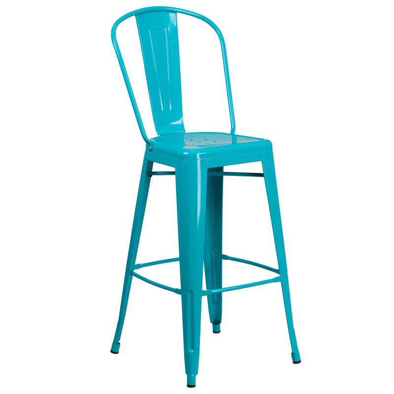 Commercial Grade 30" High Crystal Teal-Blue Metal Indoor-Outdoor Barstool with Back