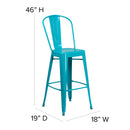 Commercial Grade 30" High Crystal Teal-Blue Metal Indoor-Outdoor Barstool with Back