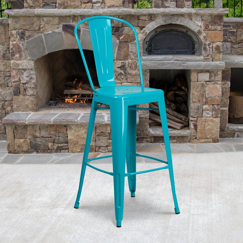 Commercial Grade 30" High Crystal Teal-Blue Metal Indoor-Outdoor Barstool with Back