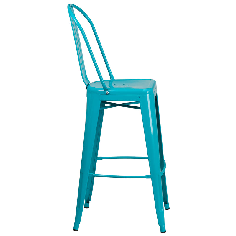 Commercial Grade 30" High Crystal Teal-Blue Metal Indoor-Outdoor Barstool with Back