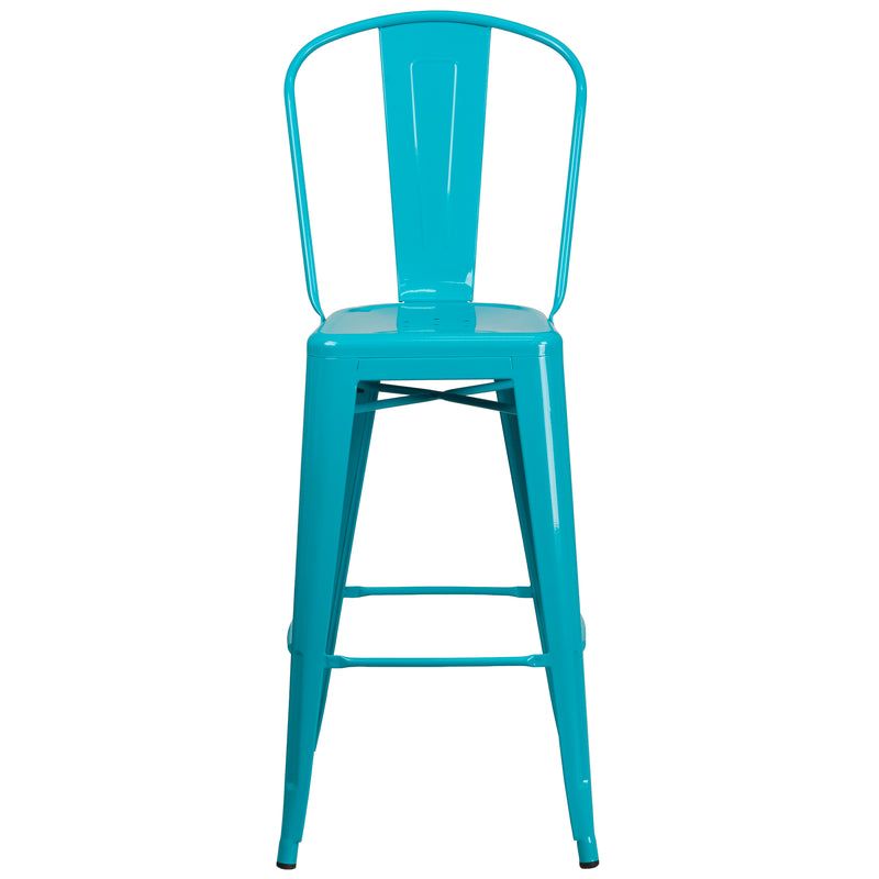 Commercial Grade 30" High Crystal Teal-Blue Metal Indoor-Outdoor Barstool with Back