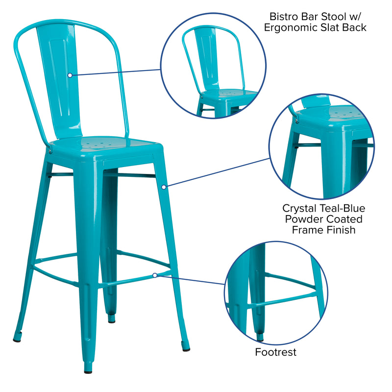 Commercial Grade 30" High Crystal Teal-Blue Metal Indoor-Outdoor Barstool with Back