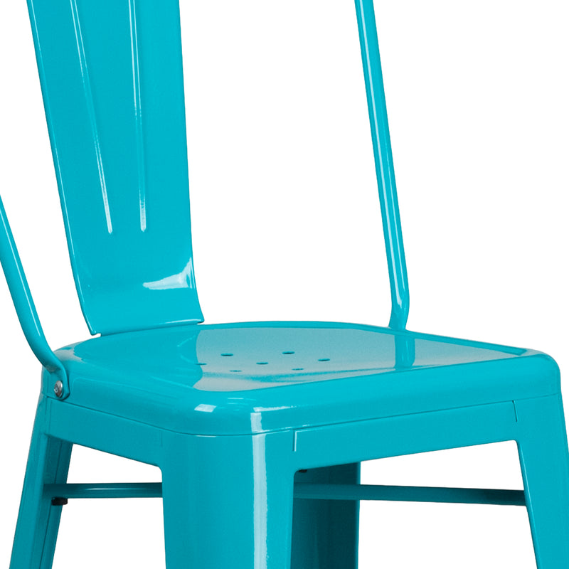 Commercial Grade 30" High Crystal Teal-Blue Metal Indoor-Outdoor Barstool with Back