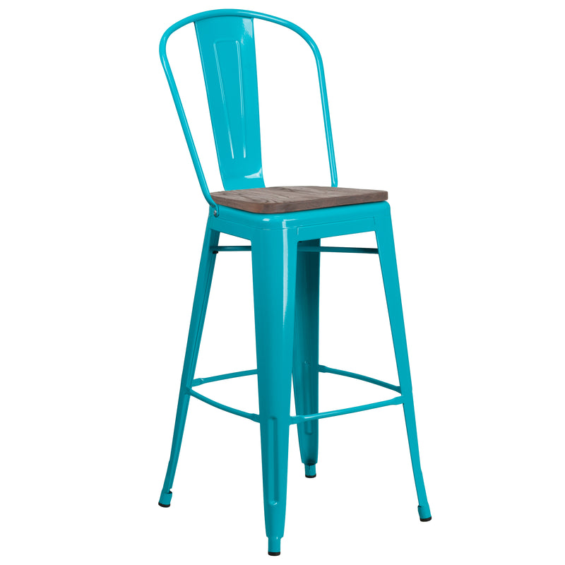 30" High Crystal Teal-Blue Metal Barstool with Back and Wood Seat