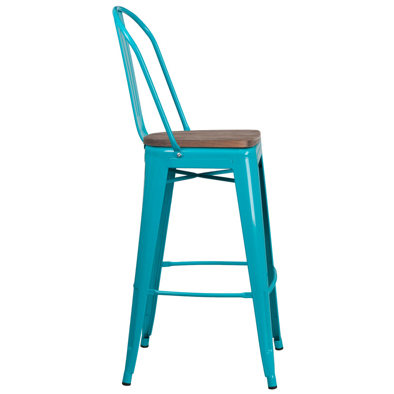 30" High Crystal Teal-Blue Metal Barstool with Back and Wood Seat