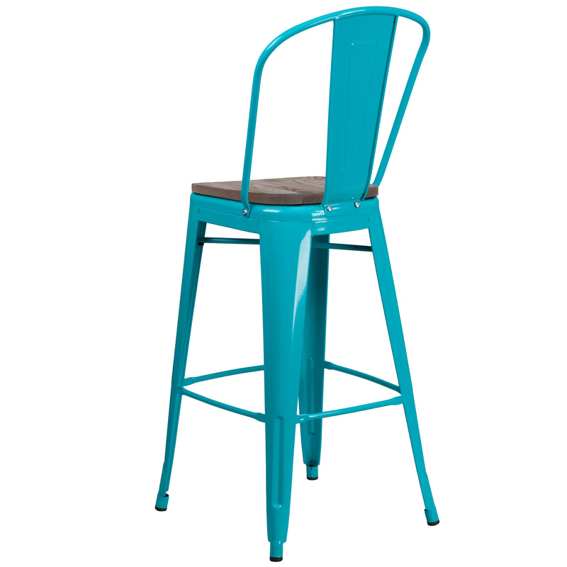 30" High Crystal Teal-Blue Metal Barstool with Back and Wood Seat