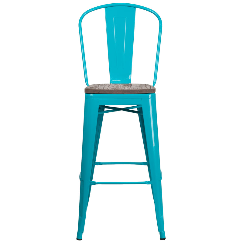 30" High Crystal Teal-Blue Metal Barstool with Back and Wood Seat