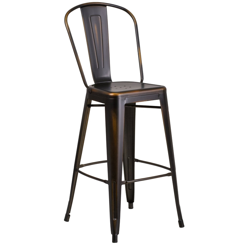 Commercial Grade 30" High Distressed Copper Metal Indoor-Outdoor Barstool with Back