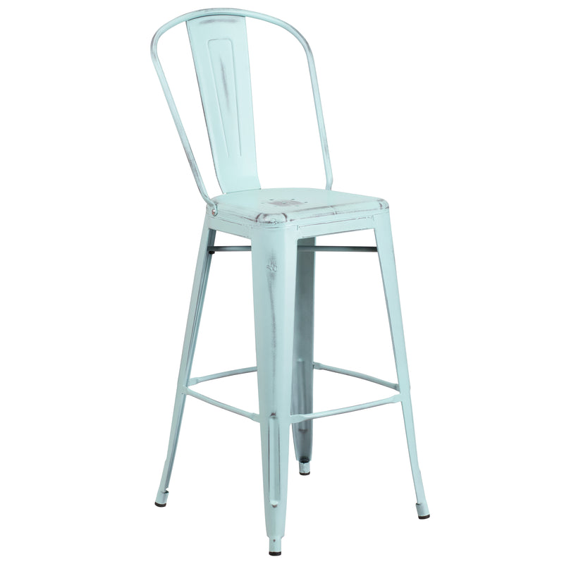 Commercial Grade 30" High Distressed Green-Blue Metal Indoor-Outdoor Barstool with Back