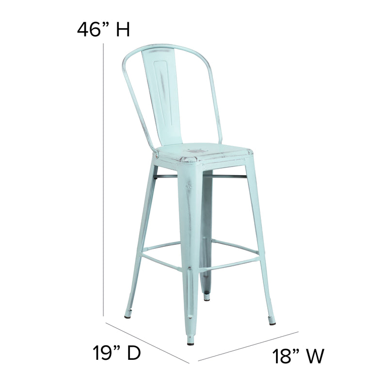 Commercial Grade 30" High Distressed Green-Blue Metal Indoor-Outdoor Barstool with Back