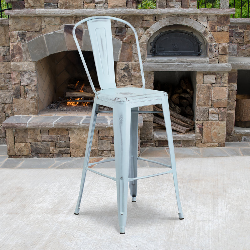 Commercial Grade 30" High Distressed Green-Blue Metal Indoor-Outdoor Barstool with Back