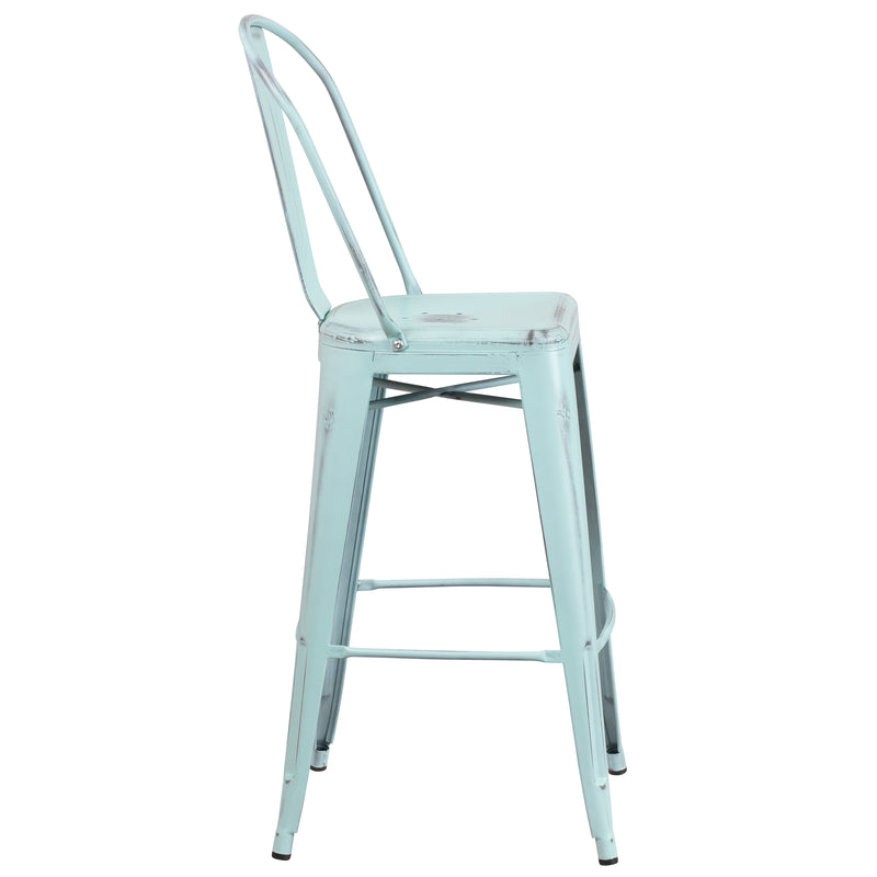 Commercial Grade 30" High Distressed Green-Blue Metal Indoor-Outdoor Barstool with Back