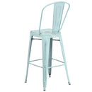 Commercial Grade 30" High Distressed Green-Blue Metal Indoor-Outdoor Barstool with Back