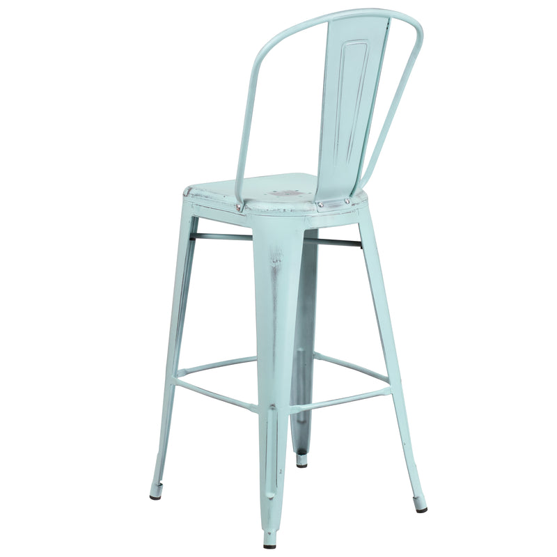 Commercial Grade 30" High Distressed Green-Blue Metal Indoor-Outdoor Barstool with Back