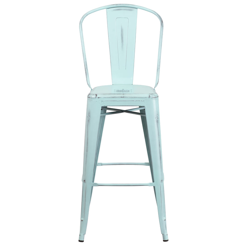 Commercial Grade 30" High Distressed Green-Blue Metal Indoor-Outdoor Barstool with Back