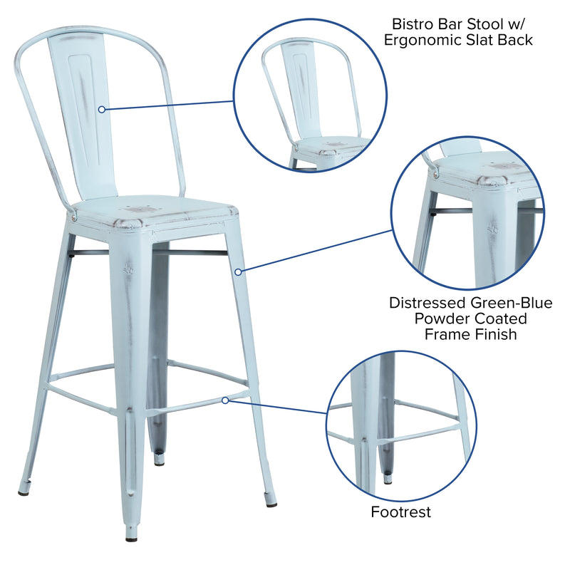 Commercial Grade 30" High Distressed Green-Blue Metal Indoor-Outdoor Barstool with Back