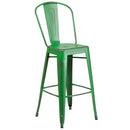 Commercial Grade 30" High Distressed Green Metal Indoor-Outdoor Barstool with Back
