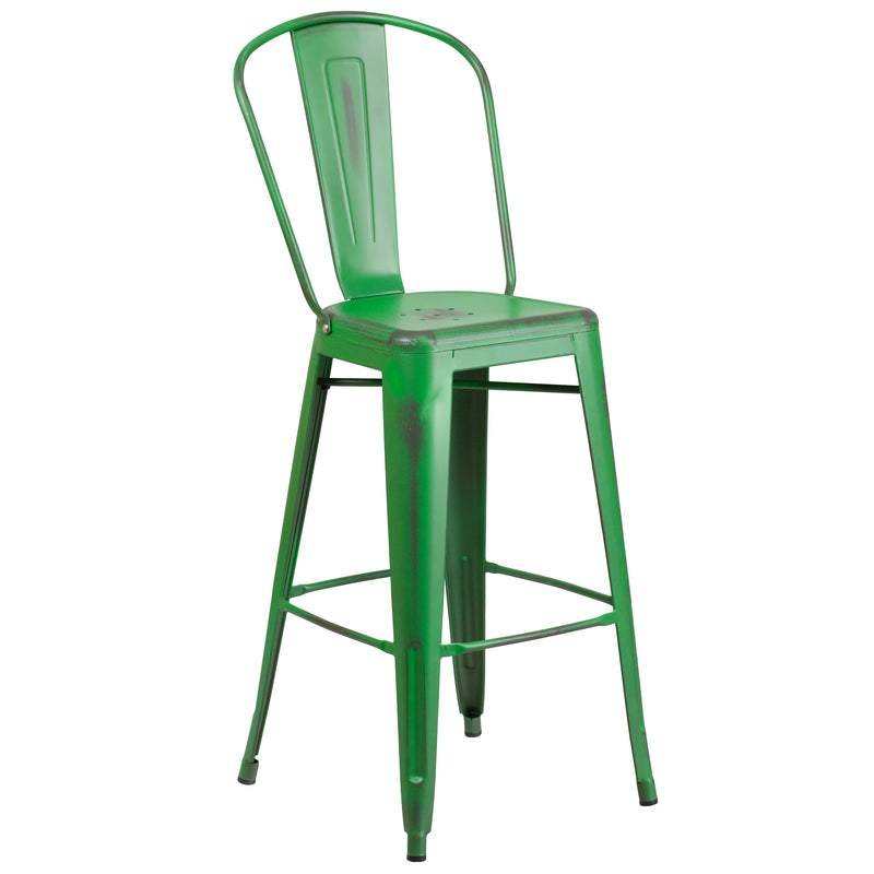 Commercial Grade 30" High Distressed Green Metal Indoor-Outdoor Barstool with Back