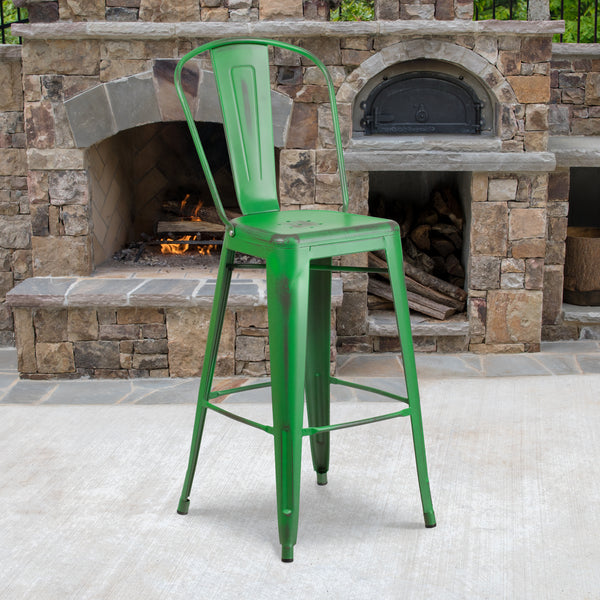 Commercial Grade 30" High Distressed Green Metal Indoor-Outdoor Barstool with Back