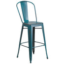 Commercial Grade 30" High Distressed Kelly Blue-Teal Metal Indoor-Outdoor Barstool with Back