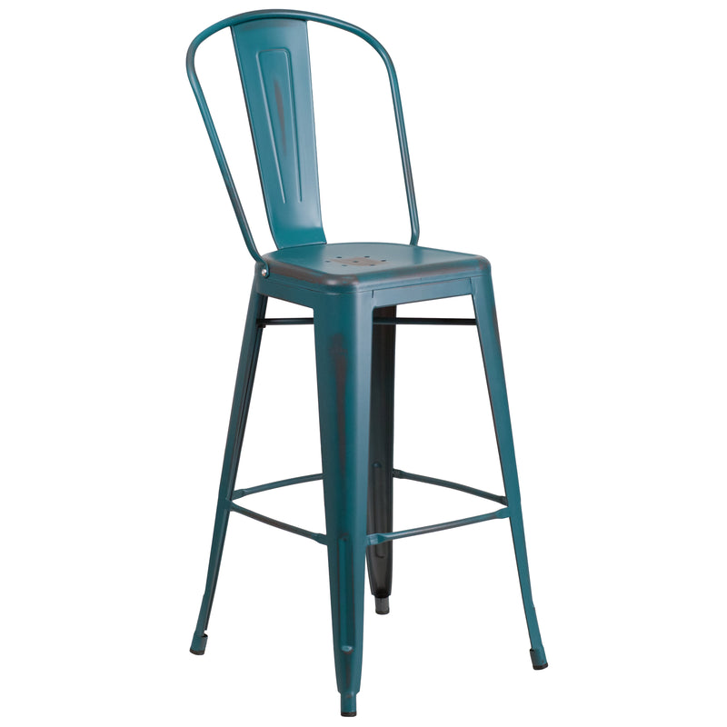 Commercial Grade 30" High Distressed Kelly Blue-Teal Metal Indoor-Outdoor Barstool with Back