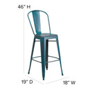 Commercial Grade 30" High Distressed Kelly Blue-Teal Metal Indoor-Outdoor Barstool with Back