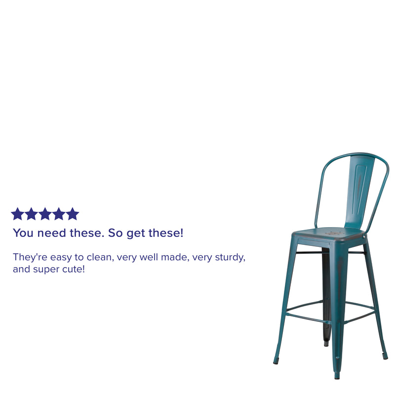 Commercial Grade 30" High Distressed Kelly Blue-Teal Metal Indoor-Outdoor Barstool with Back