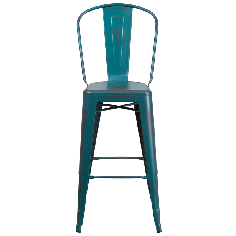 Commercial Grade 30" High Distressed Kelly Blue-Teal Metal Indoor-Outdoor Barstool with Back