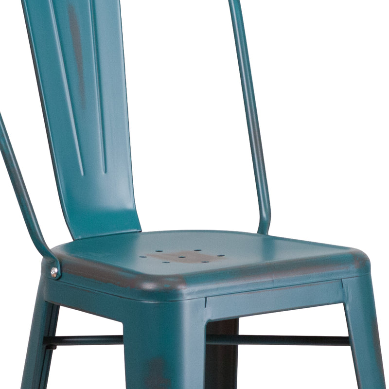 Commercial Grade 30" High Distressed Kelly Blue-Teal Metal Indoor-Outdoor Barstool with Back