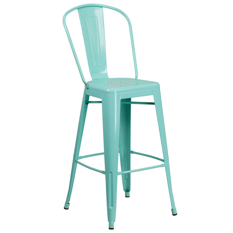 Commercial Grade 30" High Mint Green Metal Indoor-Outdoor Barstool with Back